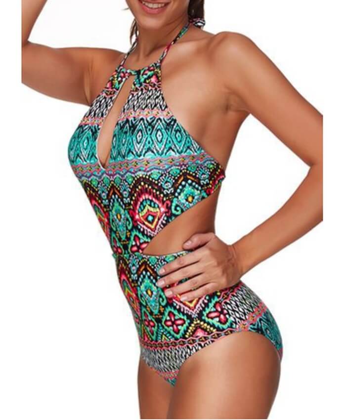 Open Back Halter Neck Printed Keyhole Monokini